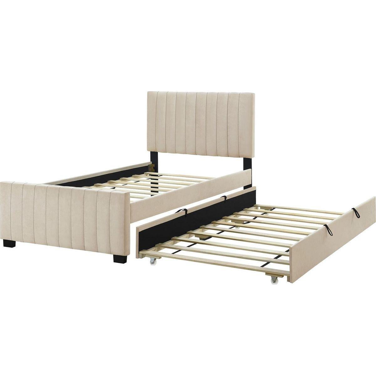 Twin Size Velvet Upholstered Platform Bed with Twin Size Trundle, Beige