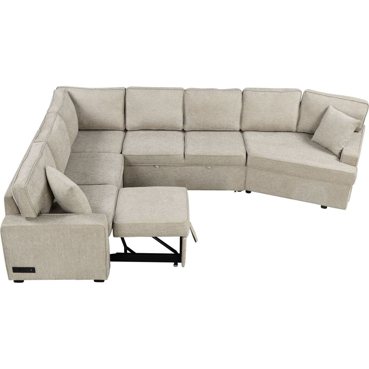 126" L-shaped Sofa Sectional Sofa Couch Pull-out Sofa Bed with Charging Devices and Cup Holders for Living Room, Beige