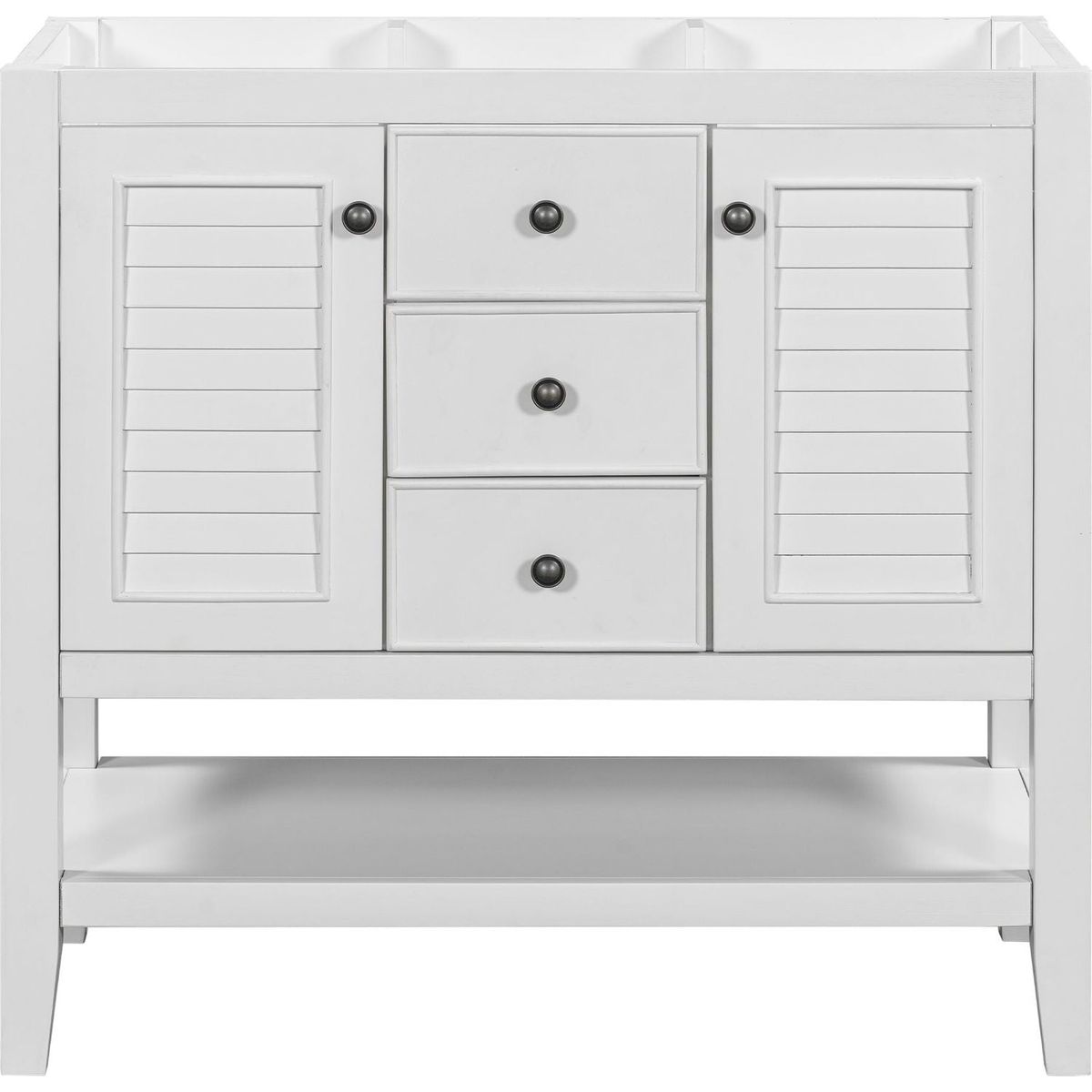 36" Bathroom Vanity without Sink, Cabinet Base Only, Two Cabinets and Drawers, Open Shelf, Solid Wood Frame, White