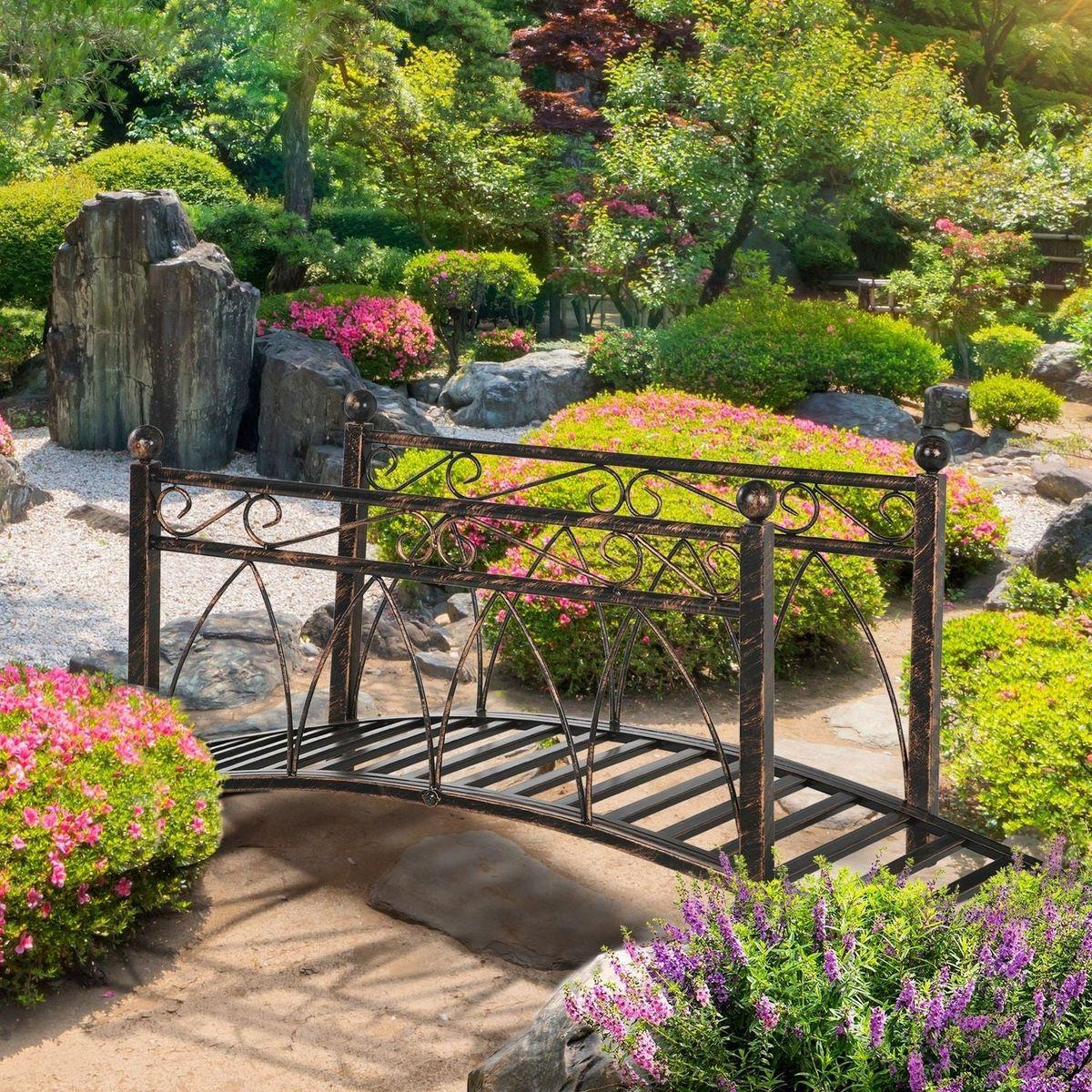3.3' Metal Arch Zen Garden Bridge with Safety Siderails, Decorative Footbridge, Delicate Scrollwork & Corner Spheres for Stream, Fish Pond, Bronze