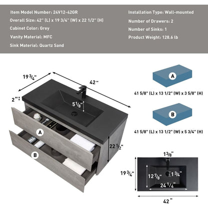 42" Floating Bathroom Vanity with Sink, Modern Wall-Mounted Bathroom Storage Vanity Cabinet with Black Quartz Sand Top Basin and Soft Close Drawers, Grey 24V12-42GR