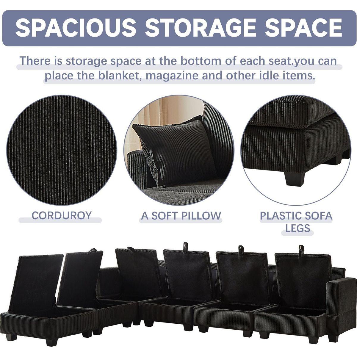113.5" Modular Sectiona Corduroy Sofa, Sectional Couches for Living Room U Shaped Sectional Couch with Storage Ottoman, 6 Seats Convertible Sectionals with Chaise