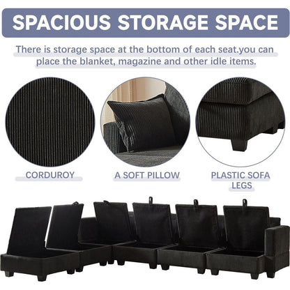 113.5" Modular Sectiona Corduroy Sofa, Sectional Couches for Living Room U Shaped Sectional Couch with Storage Ottoman, 6 Seats Convertible Sectionals with Chaise