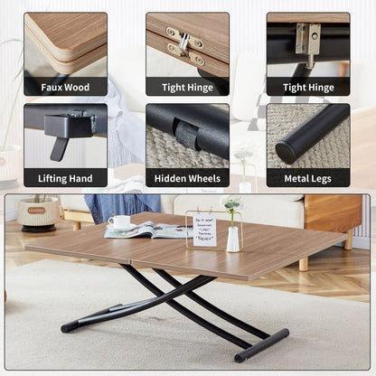 Modern minimalist multifunctional lifting table, 0.8-inch wood grain craft sticker desktop, black metal legs. Paired with 4 faux leather upholstered dining chairs with black metal legs