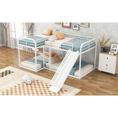 Full and Twin Size L-Shaped Bunk Bed with Slide and Short Ladder, White