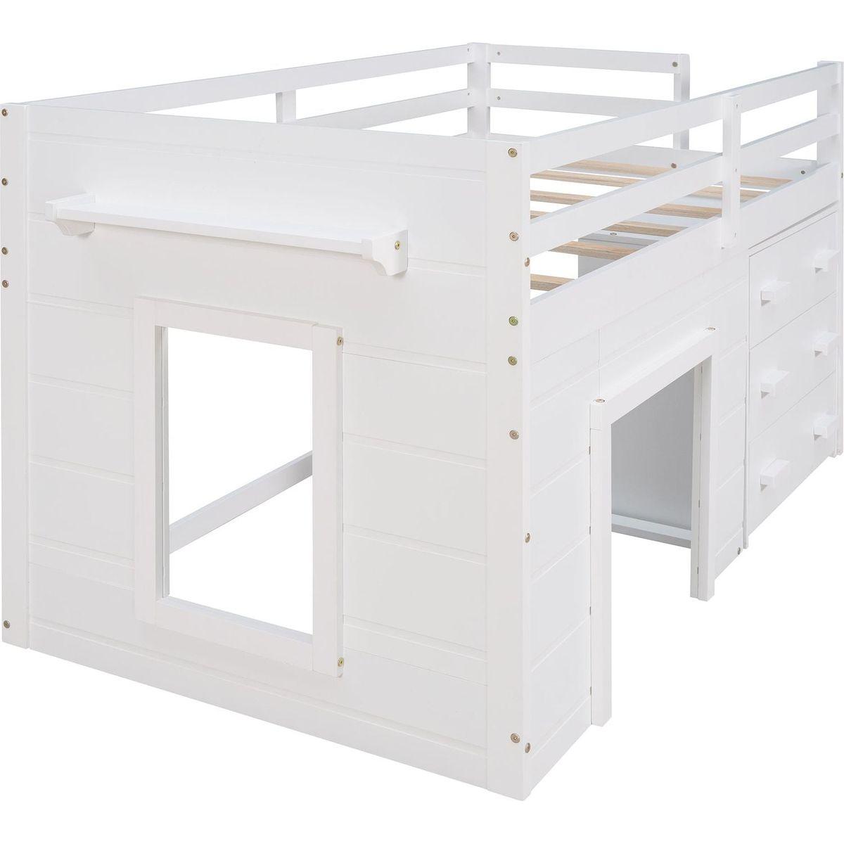 Twin Size Loft Bed with Cabinet and Shelf - White