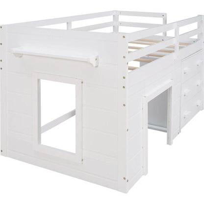 Twin Size Loft Bed with Cabinet and Shelf - White