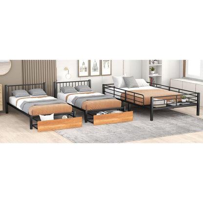 Full Over Twin & Twin Bunk Bed, Metal Triple Bunk Bed with Drawers and Guardrails, Black