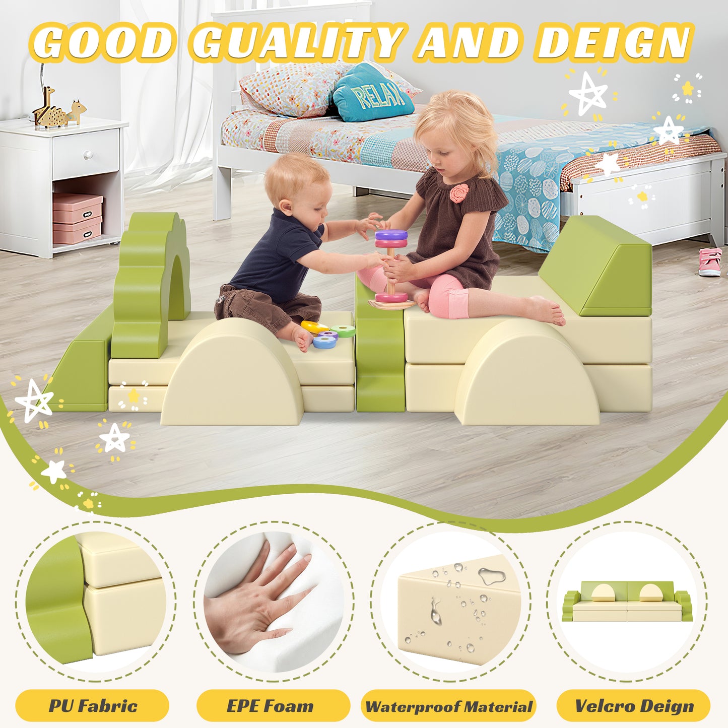 10PCS Kids Couch for Playroom, Baby Climbing and Crawl Foam Play Set, Foam Climbing Blocks Convertible Sofa, Kids Play Couch, Indoor Climbing Structure for Toddlers, Infant, Kids, Pre-school