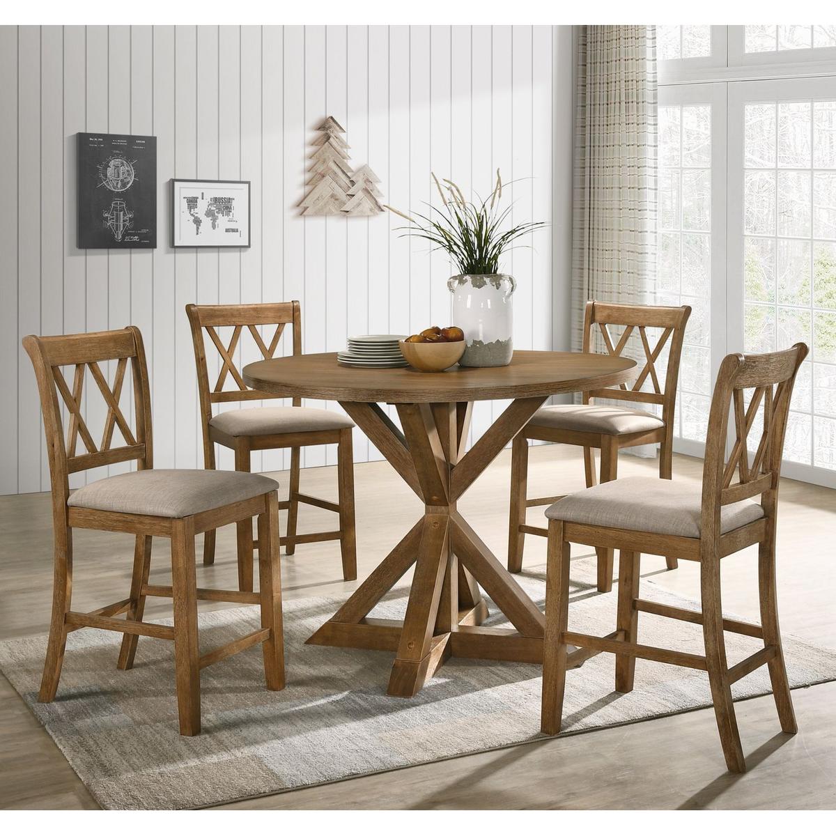 Windvale Cross-Buck Wood 5-Piece Counter Height Dining Set, Tan - Streamdale Furniture
