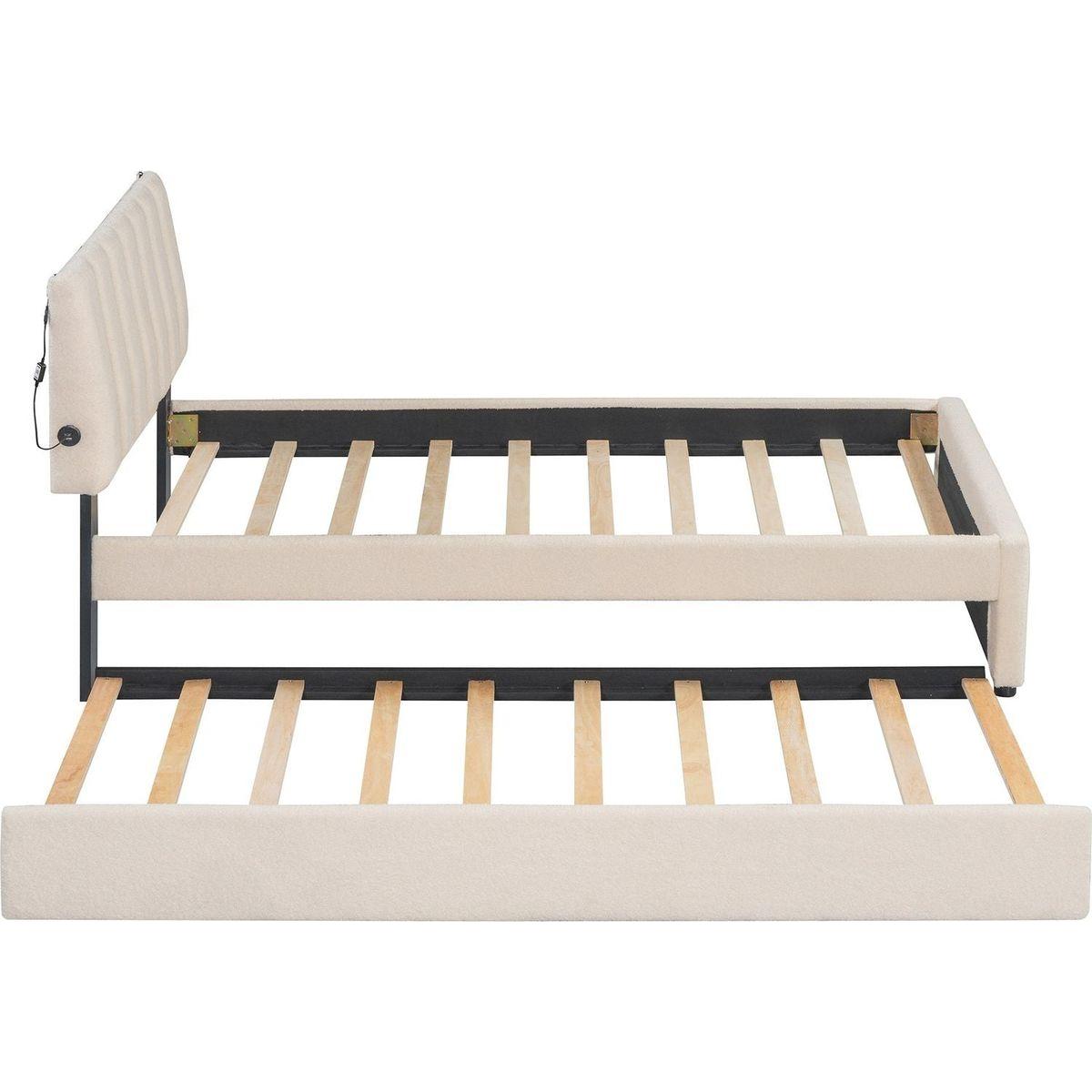 Teddy Fleece Twin Size Upholstered Platform Bed with Trundle, Beige