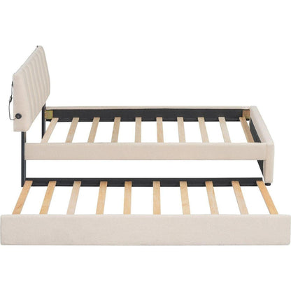 Teddy Fleece Twin Size Upholstered Platform Bed with Trundle, Beige