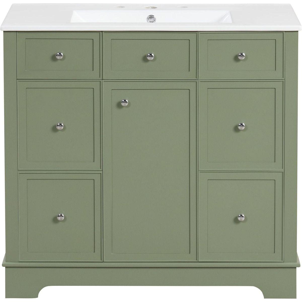 36" Bathroom Vanity with Sink, One Cabinet with Three drawers and One Flip Drawer, Solid Wood and MDF Board, Green