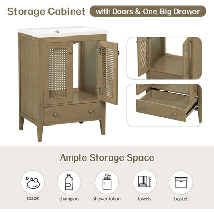 24" Bathroom Vanity with Ceramic Basin, Rattan Bathroom Storage Cabinet with Two Doors and Drawer, Solid Frame, Natural