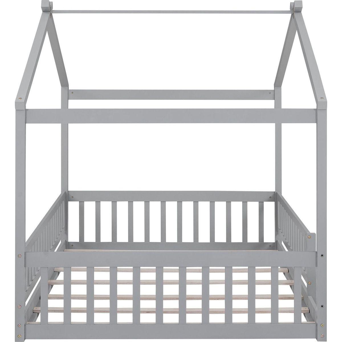 Full Size Wood Bed House Bed Frame with Fence, for Kids, Teens, Girls, Boys,Gray