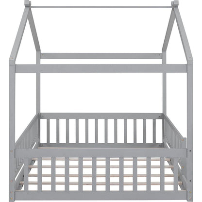 Full Size Wood Bed House Bed Frame with Fence, for Kids, Teens, Girls, Boys,Gray