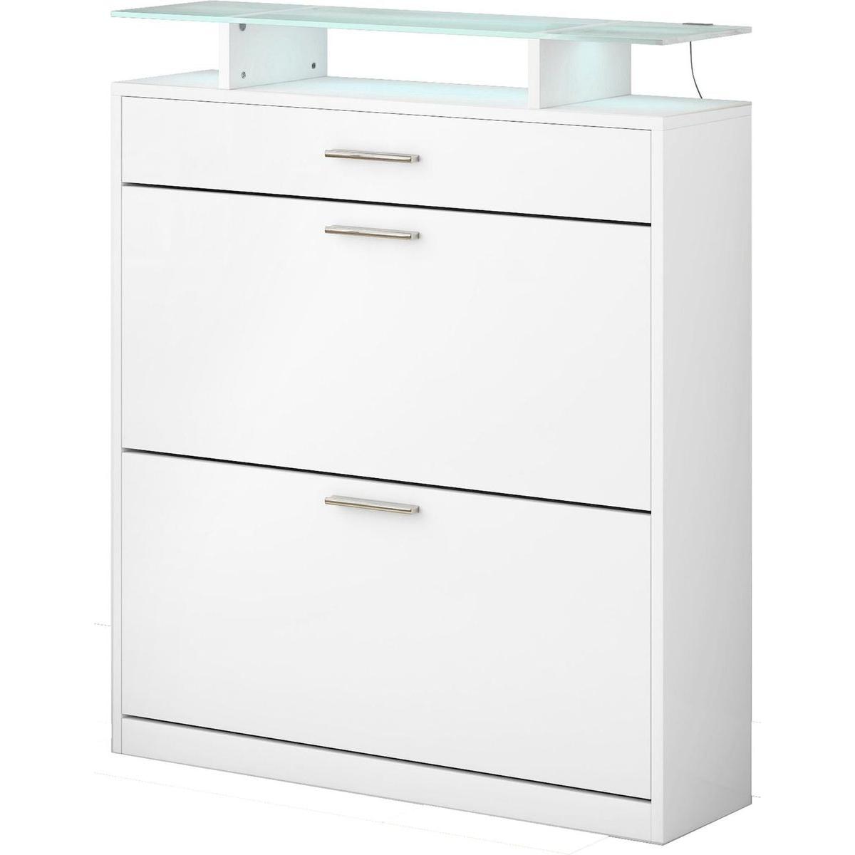 Slim Entryway Organizer with 2 Flip Drawers, Tempered Glass Top Shoe Storage Cabinet with Drawer, Free Standing Shoe Rack with LED Light for Hallway, White