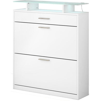 Slim Entryway Organizer with 2 Flip Drawers, Tempered Glass Top Shoe Storage Cabinet with Drawer, Free Standing Shoe Rack with LED Light for Hallway, White