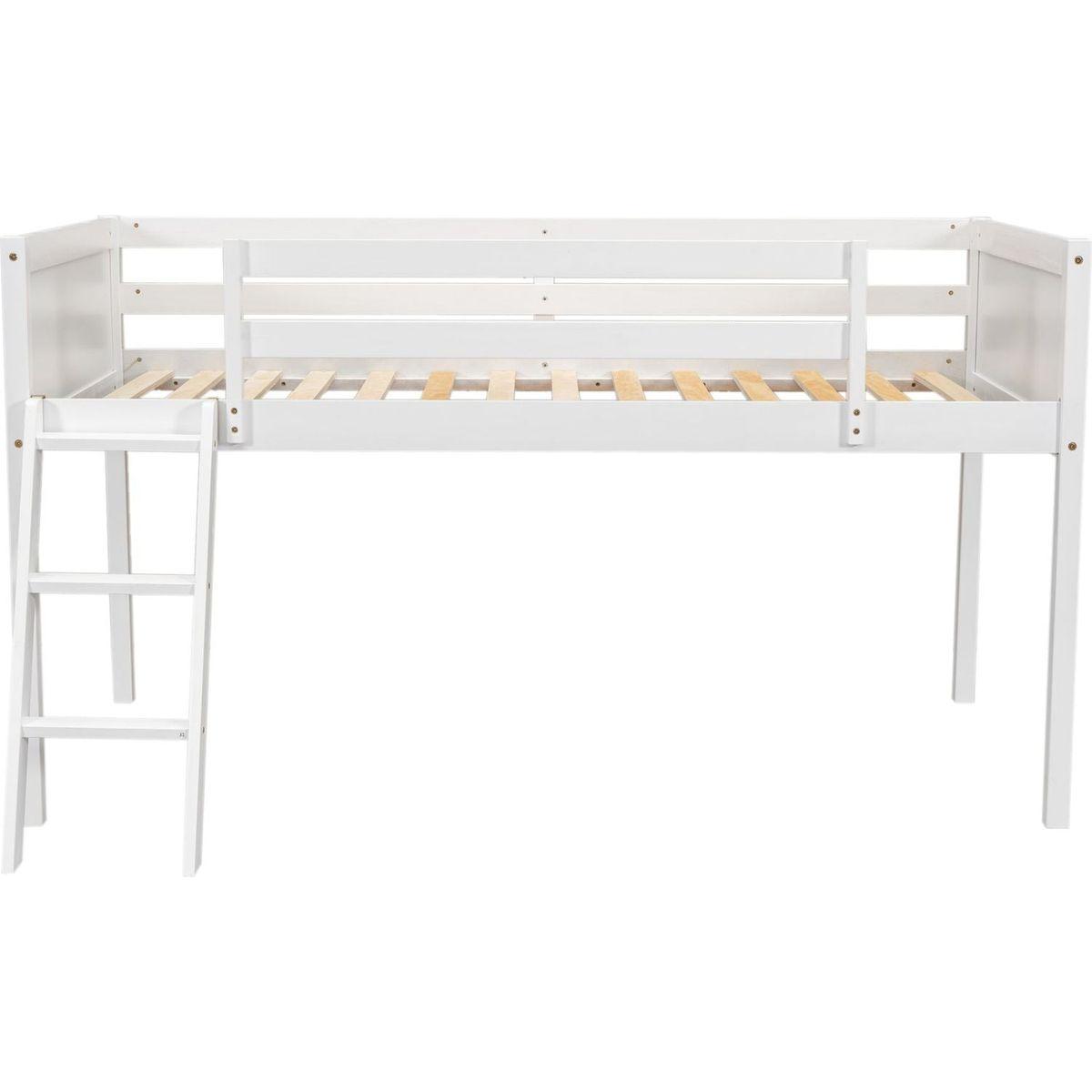 Twin Size Wood Low Loft Bed with Ladder, ladder can be placed on the left or right, White