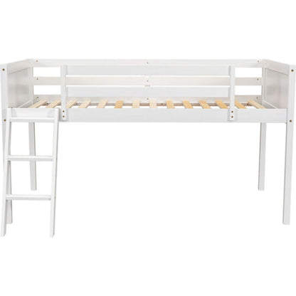 Twin Size Wood Low Loft Bed with Ladder, ladder can be placed on the left or right, White