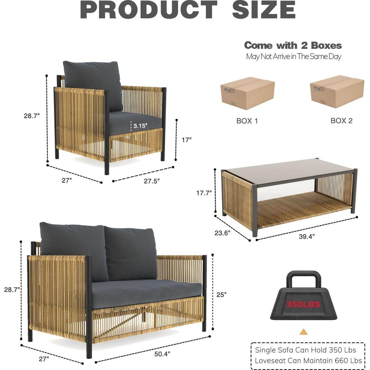 New Comming Patio 4 Pieces Brown PE Wicker Sofa Set with Grey Cushion