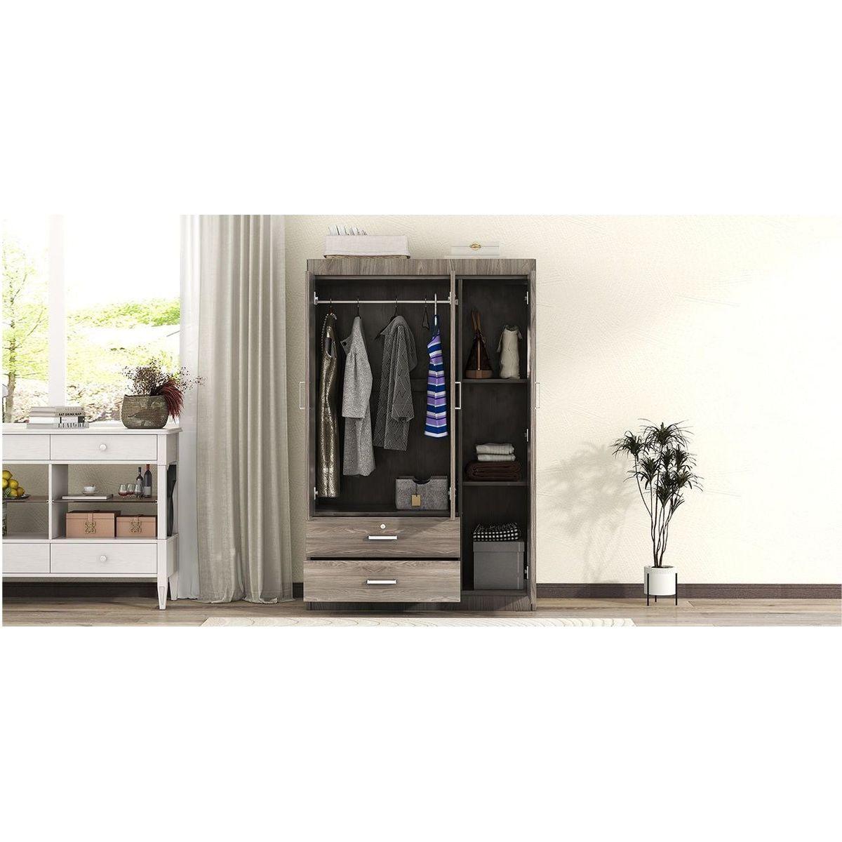 3-Door Wardrobe with 2 Drawers, Wood Grain Effect in Gray