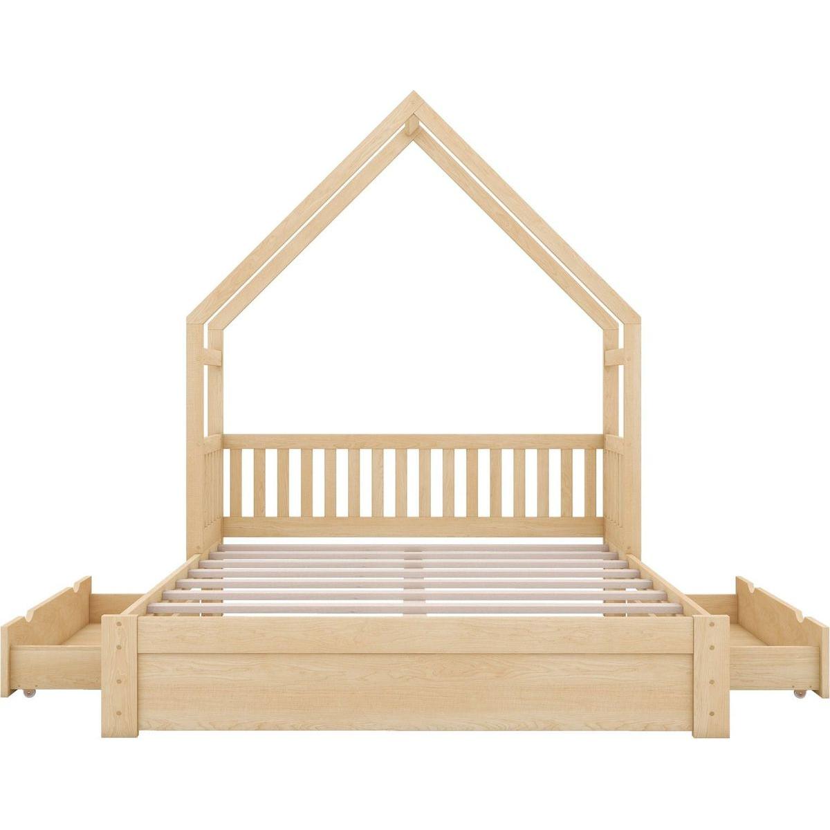 Wood Queen Size House Platform Bed with Guardrail and 2 Drawers, Natural
