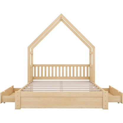 Wood Queen Size House Platform Bed with Guardrail and 2 Drawers, Natural