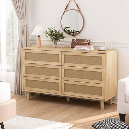 51.18"6-Drawers Rattan Storage Cabinet Rattan Drawer with White Drawer Slides,for Bedroom,Living Room,Natural