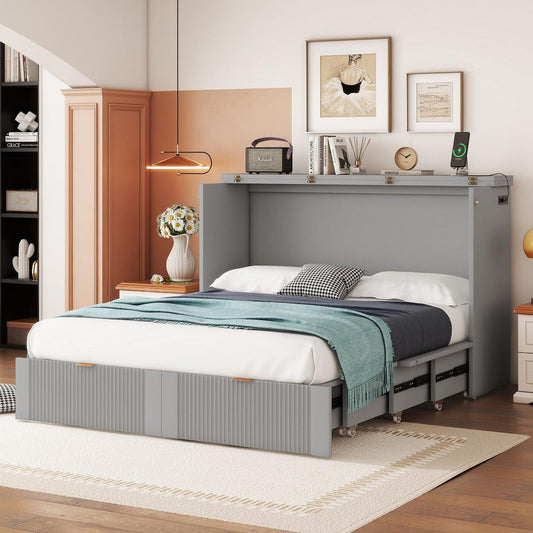 Full Size Murphy Bed Wall Bed with drawer and a set of Sockets & USB Ports, Pulley Structure Design, Gray