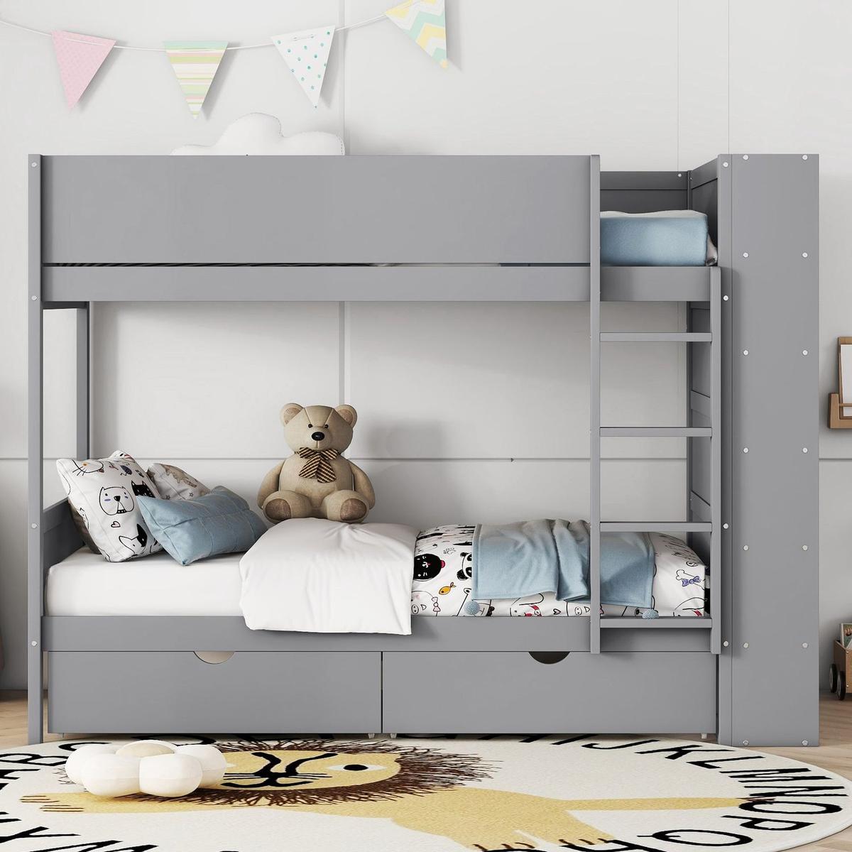 Twin over Twin Bunk Bed With 2 Drawers and Multi-layer Cabinet, Gray