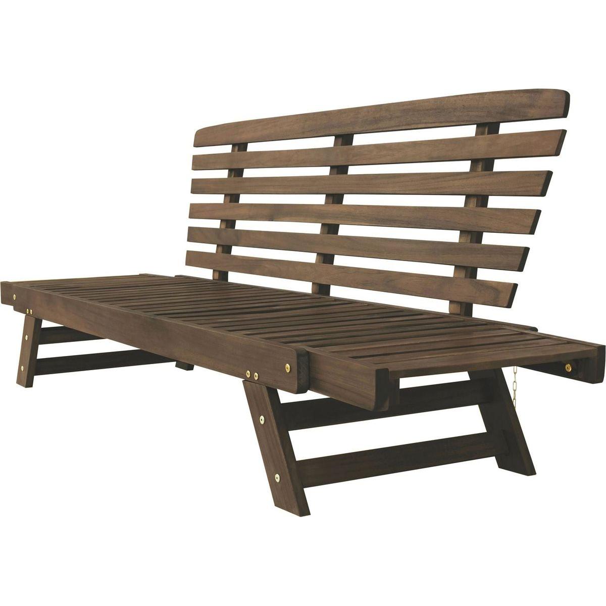 Outdoor Adjustable Patio Wooden Daybed Sofa Chaise Lounge with Cushions for Small Places, Brown Finish+Gray Cushion