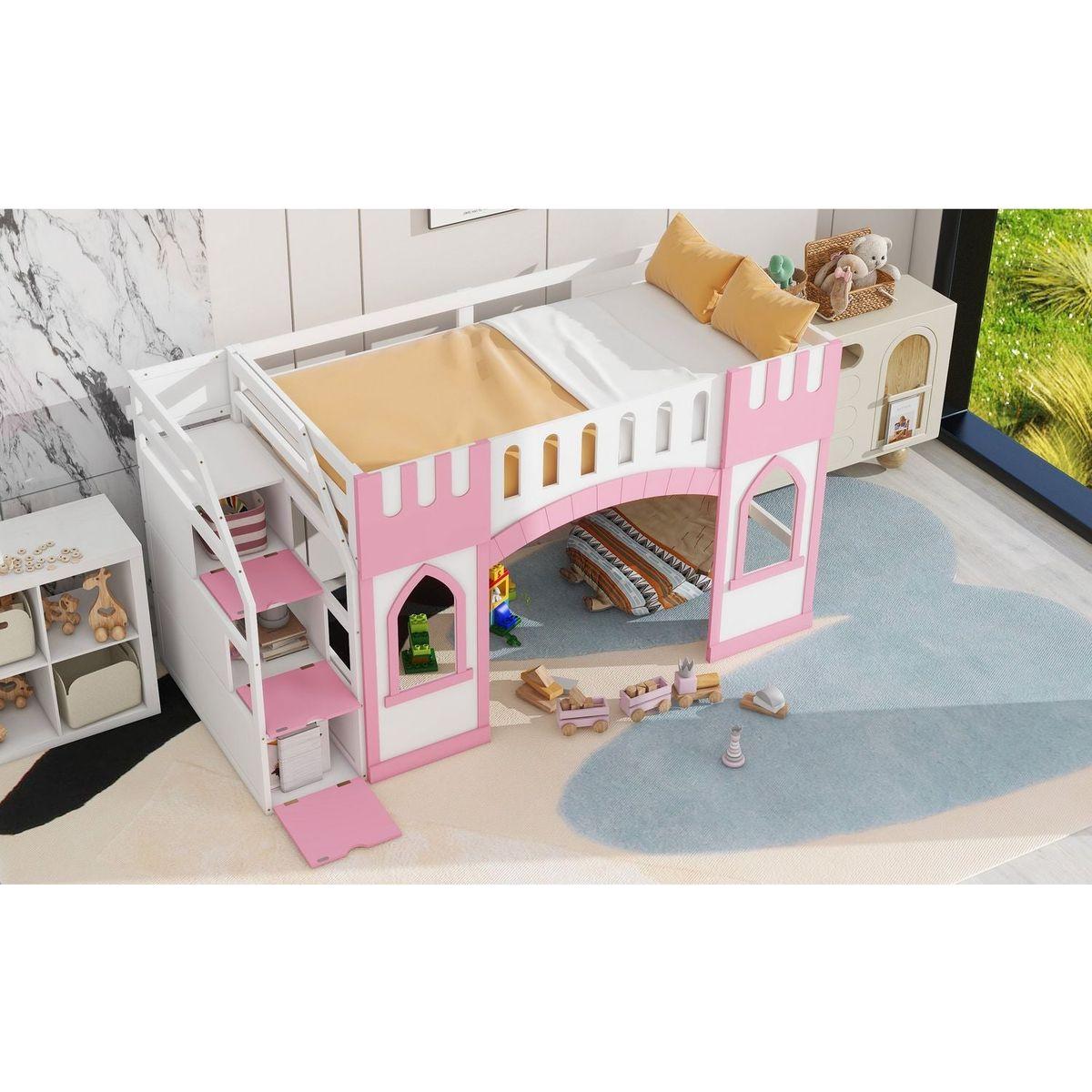 Twin Size Loft Bed with Storage Staircase and Window, Pink
