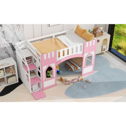Twin Size Loft Bed with Storage Staircase and Window, Pink