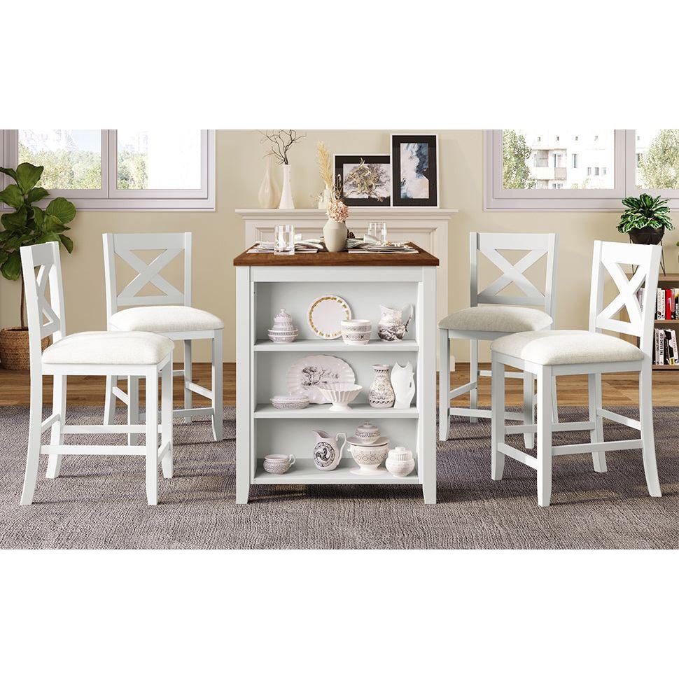5 Pieces Counter Height Rustic Farmhouse Dining Room Wooden Bar Table Set with 4 Chairs, White