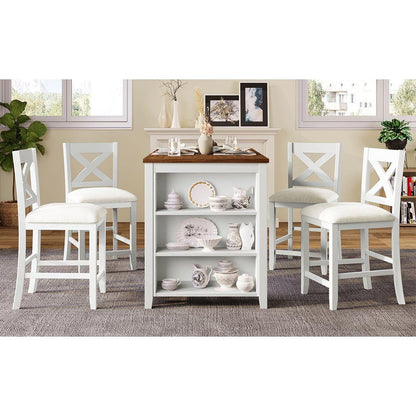 5 Pieces Counter Height Rustic Farmhouse Dining Room Wooden Bar Table Set with 4 Chairs, White