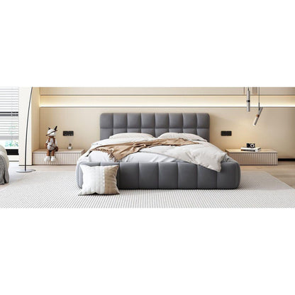 Queen Size Upholstered Platform Bed with Thick Fabric, Grounded Bed with Solid Frame, Gray