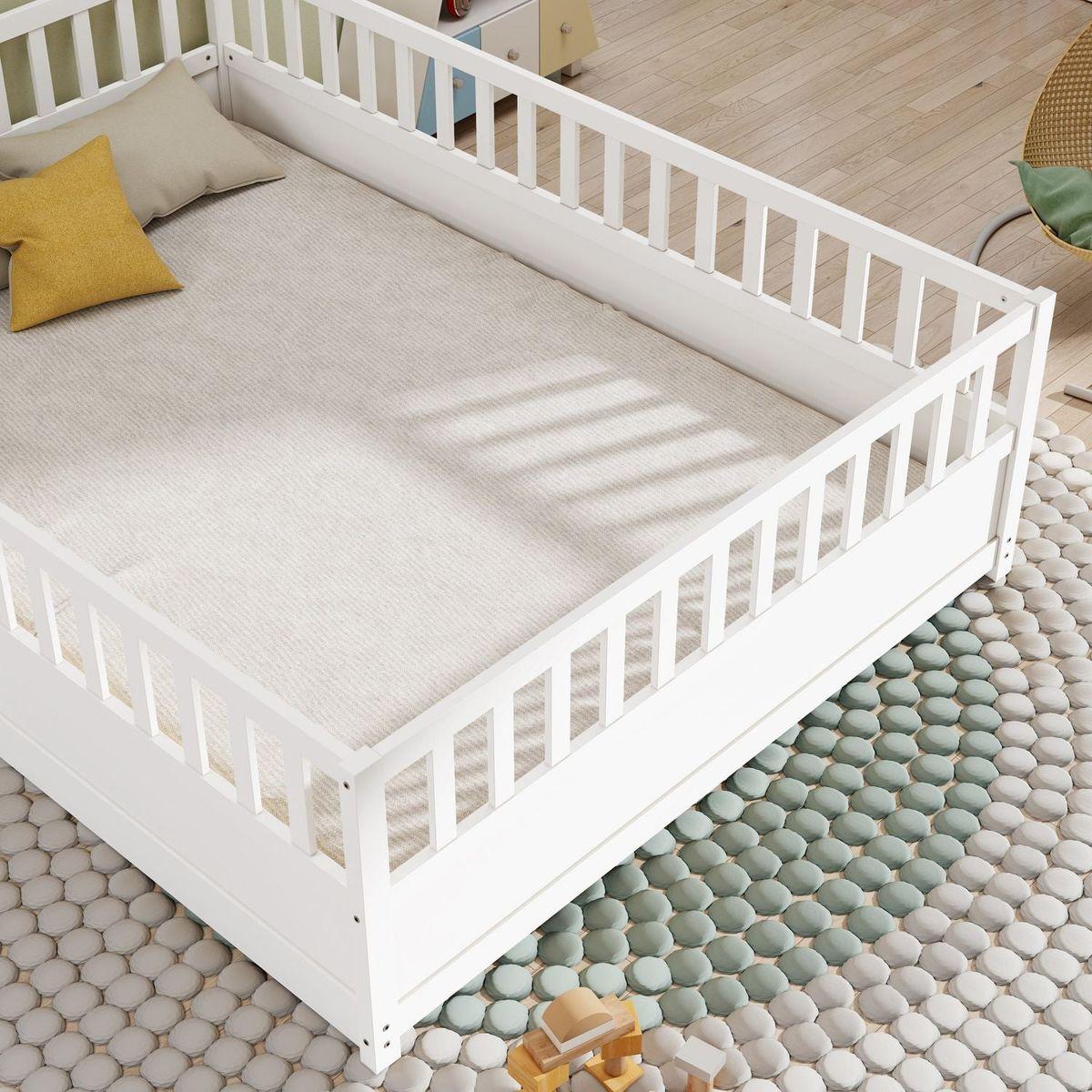 Full size Floor bed, integral construction with super high security barrier, door, children's floor bed frame, Montessori wooden children's floor bed, Support slat white - Streamdale Furniture
