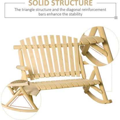 Double Wooden Porch Rocking Bench, Adirondack Porch Rocker Chair, Heavy Duty Loveseat for 2 Persons with High Rise Slatted Seat & Backrest, Smooth Armrests, Natural