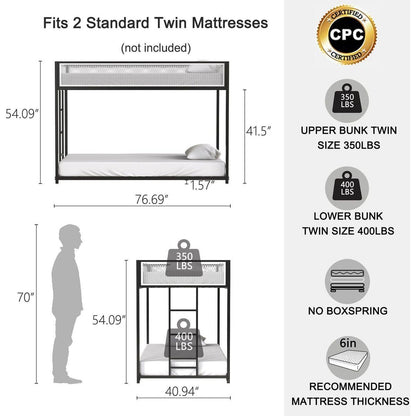 Adam Twin Twin Bunk Black with White Mesh Guard Rail for Kids and Adult, Low Profile and Easy Climbing with Stable Ladder