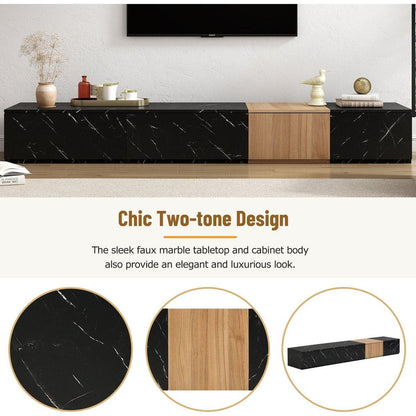 TV Stand with Faux Marble and Walnut Wood Grain Finish for TVs up to 88", Modern Free-Combination Entertainment Center with 4 Storage Drawers for Living Room, Black