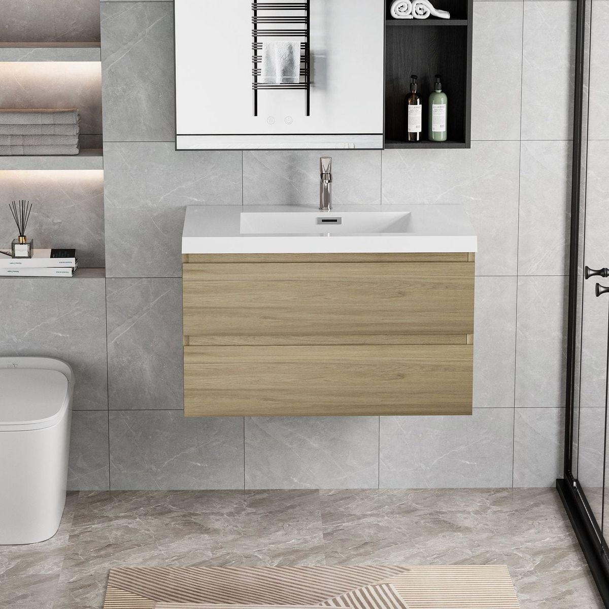 36" Floating Bathroom Vanity with Sink, Modern Wall-Mounted Bathroom Storage Vanity Cabinet with Resin Top Basin and Soft Close Drawers, Natural Oak