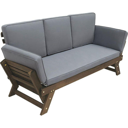 Outdoor Adjustable Patio Wooden Daybed Sofa Chaise Lounge with Cushions for Small Places, Brown Finish+Gray Cushion