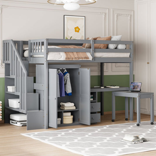 Twin Size Loft Bed with Stairs, Bookshelf, Drawers, Desk & Wardrobe – Space-Saving Multifunctional Furniture for Kids & Teens-Gray