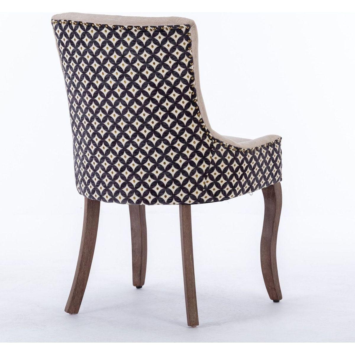 Ultra Side Dining Chair, Thickened fabric chairs with neutrally toned solid wood legs, Bronze nail head, Set of 2, Beige and Patterned