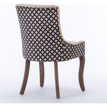 Ultra Side Dining Chair, Thickened fabric chairs with neutrally toned solid wood legs, Bronze nail head, Set of 2, Beige and Patterned