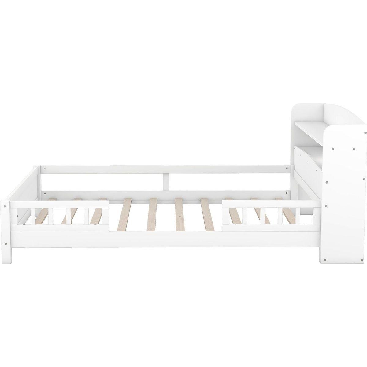 Wood Full Size Platform Bed with Built-in LED Light, Storage Headboard and Guardrail, White