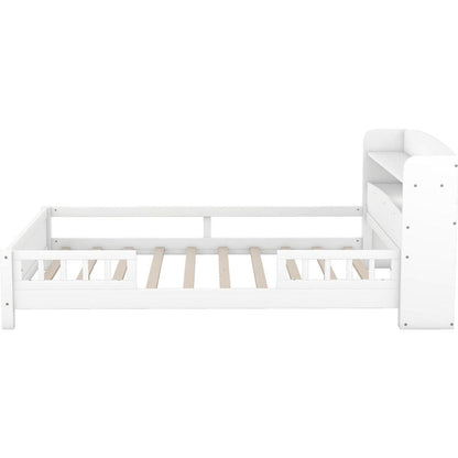 Wood Full Size Platform Bed with Built-in LED Light, Storage Headboard and Guardrail, White