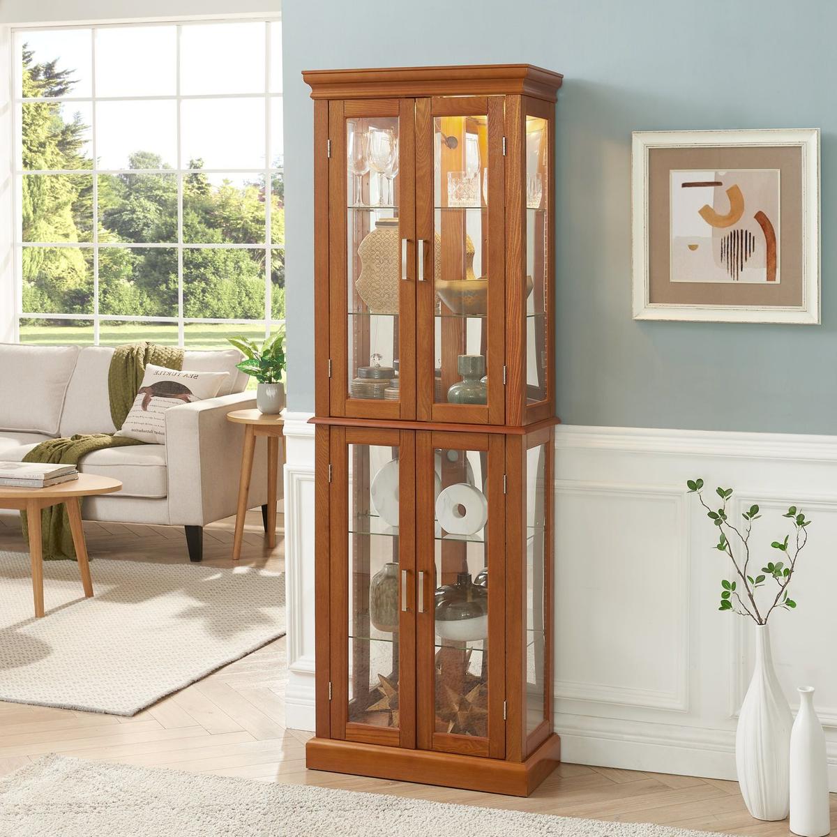 Curio Cabinet Lighted Curio Diapaly Cabinet with Adjustable Shelves and Mirrored Back Panel, Tempered Glass Doors (OAK, 6 Tier), (E26 light bulb not included)