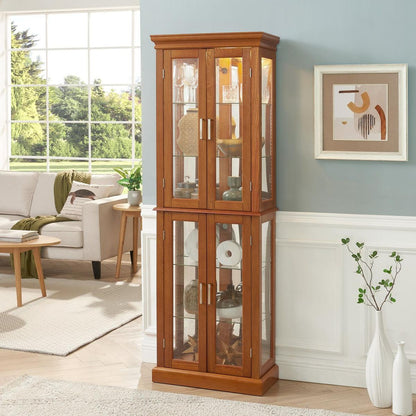 Curio Cabinet Lighted Curio Diapaly Cabinet with Adjustable Shelves and Mirrored Back Panel, Tempered Glass Doors (OAK, 6 Tier), (E26 light bulb not included)